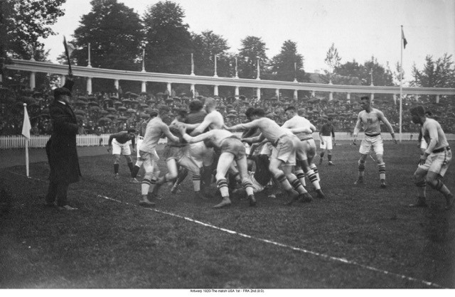 1920 Olympic Match at the Antwerp Stadium. Babe Slater is second player from left. 