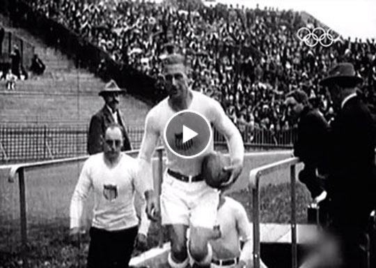 See video from the 1924 Olympic Rugby gold-medal match. Slater is seen holding the ball while leading the team out of the tunnel.